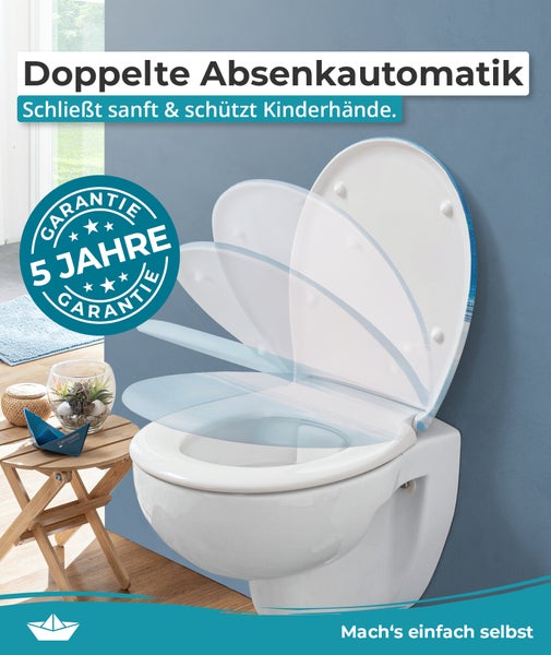 Toilettensitz mit doppelter Absenkautomatik und fünf Jahren Garantie auf einer wandhängenden Toilette montiert.