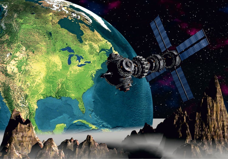 Darstellung der Erde mit Satellit im Weltraum und Berglandschaft im Vordergrund