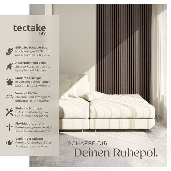 tectake DIY Logo, Akustikpaneele aus Echtholzfurnier an einer Wand hinter einem Sofa. Infografik zeigt Schallabsorption, Montage und Design.