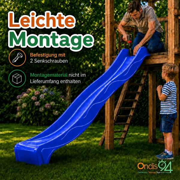 Einfache Montage einer Wellenrutsche an einem Holzspielturm mit zwei Senkschrauben. Ohne Montagematerial. Ondis24 Logo.