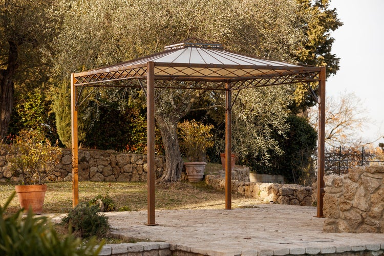 Pavillon ELEO Trento 3 x 3 m unbeschichtet - Edelrost | mit Sonnensegel ecru