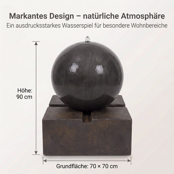 Wasserspiel Kugelbrunnen mit quadratischem Sockel, Höhe 90 Zentimeter, Grundfläche 70 mal 70 Zentimeter, Gartenbrunnen für den Außenbereich.