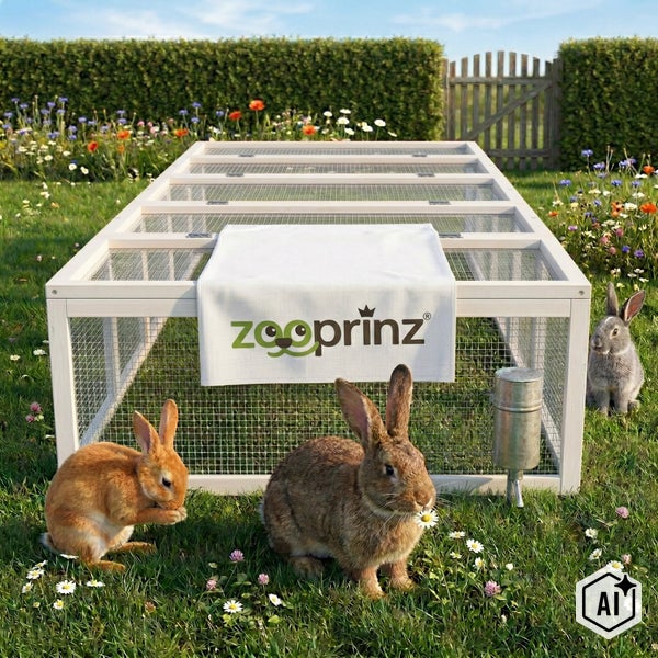 Kaninchenfreilaufgehege aus Holz mit Gitter und Zooprinz Logo im Garten mit drei Kaninchen.