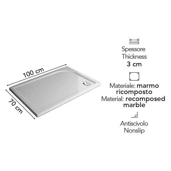 Rechteckige Duschwanne aus Mineralguss, Maße 100 mal 70 Zentimeter, Stärke 3 Zentimeter, rutschfest.