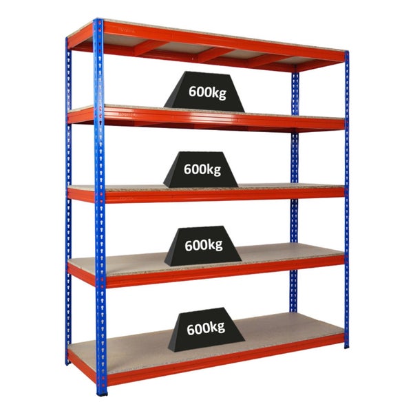 PROREGAL Profi Schwerlastregal Bison HxBxT 200 x 180 x 60 cm 5 Spanplatten-Ebenen 16mm Fachlast 600 kg Blau-Orange