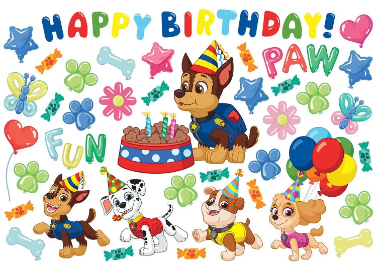 Paw Patrol Wandsticker-Set Geburtstag mit Chase, Marshall, Rubble und Skye, Luftballons und Happy Birthday Schriftzug.