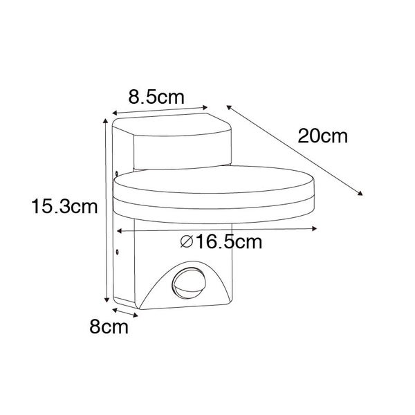 Abmessungen der Wandaußenleuchte: Höhe 15,3 Zentimeter, Breite 8,5 Zentimeter, Tiefe 8 Zentimeter, Durchmesser 16,5 Zentimeter, Ausladung 20 Zentimeter.