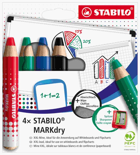 STABILO  Whiteboard- und Flipchartmarker - MARKdry, 4er Set mit Spitzer und Abwischtuch Whiteboard- und Flipchartmarker