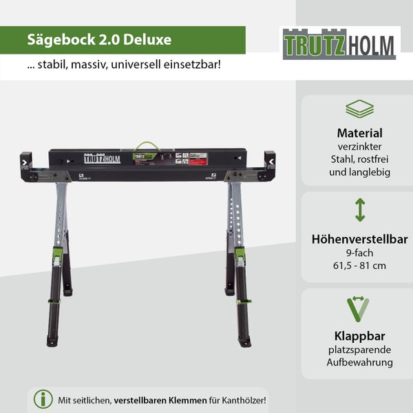 Sägebock 2.0 Deluxe aus verzinktem Stahl, höhenverstellbar und klappbar für platzsparende Aufbewahrung