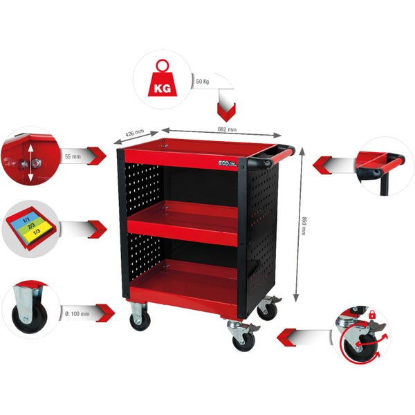 Werkstattwagen mit drei Ablageflächen und einer maximalen Traglast von 50 Kilogramm