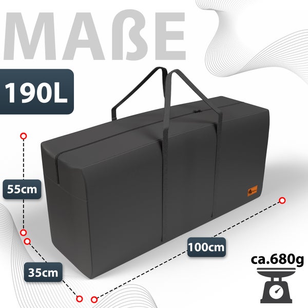 Reisetasche mit den Maßen 55 cm x 35 cm x 100 cm und einem Volumen von 190 Litern