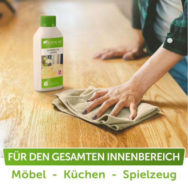 Nordicare Leinöl [250ml] für Holz zum Holzschutz I Leinöl Firnis Holzöl für Innen I Gekochtes Leinöl für Möbel Holz Öl, Leinenöl Holz