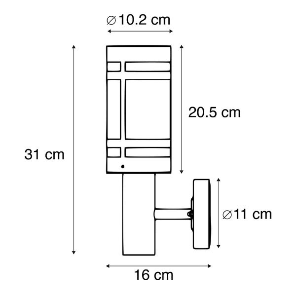 Maßzeichnung einer Wandleuchte: Gesamthöhe 31 Zentimeter, Breite 16 Zentimeter, Lampenhöhe 20,5 Zentimeter, Durchmesser 10,2 Zentimeter.