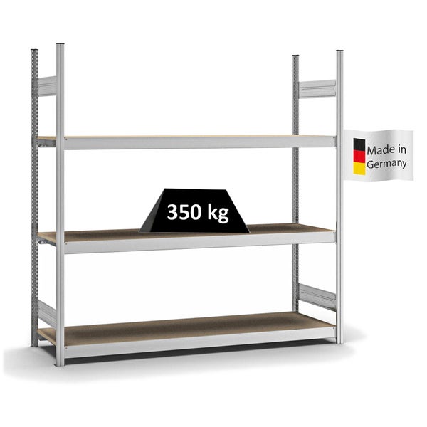 PROREGAL Weitspannregal Stecksystem T-Profil Grundregal HxBxT 200x200x50 cm 3 Ebenen Spanplatten Fachboden Fachlast 350 kg Verzinkt