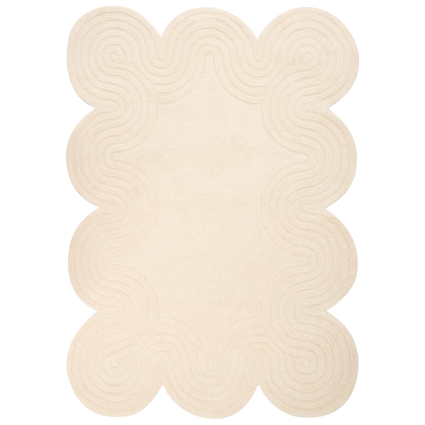Teppich mit geschwungenem Rand und konzentrischem Wellenmuster in Relief-Optik.