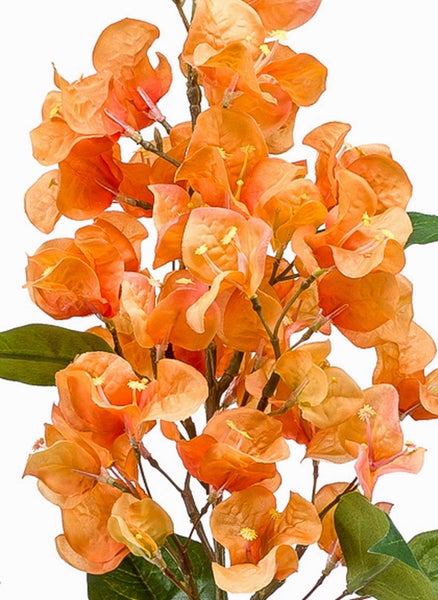 Künstliche Bougainvillea mit orangefarbenen Blüten und grünen Blättern.