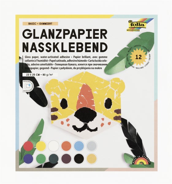 Packung Glanzpapier nassklebend von Folia, 12 Blatt, 23 mal 25 Zentimeter, 80 Gramm pro Quadratmeter, Bastelbeispiel mit Tigerkopf.