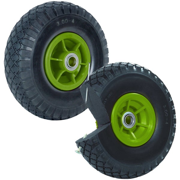 Zwei Schubkarrenräder mit PU-Schaumfüllung und der Aufschrift 3.00-4