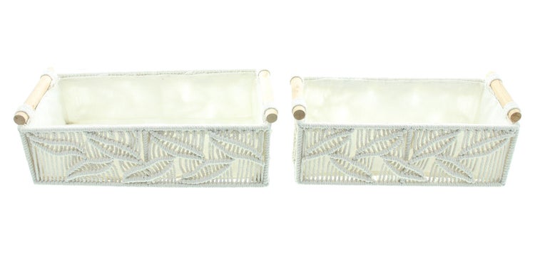 FRANK FLECHTWAREN | Textilkorb Blattstruktur, 2er Set, METALL, HOLZ, BAUMWOLLE, TEXTIL, 30 x 14 x 12 cm, 34 x 17 x 12 cm