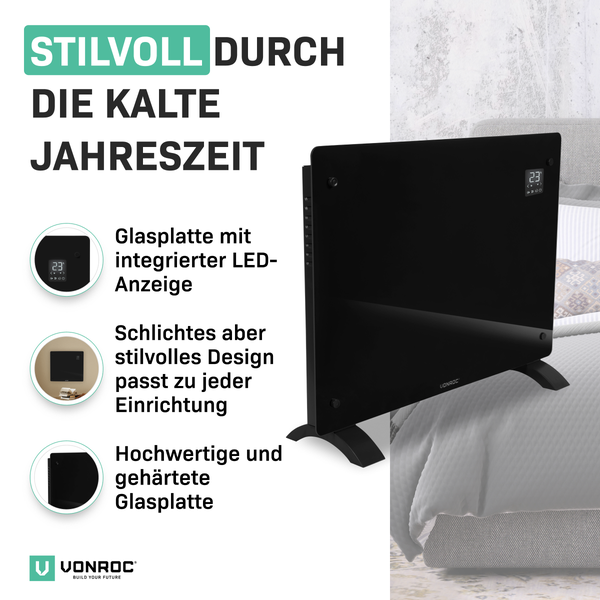 Schwarzer Glasplattenheizkörper mit LED Anzeige von Vonroc