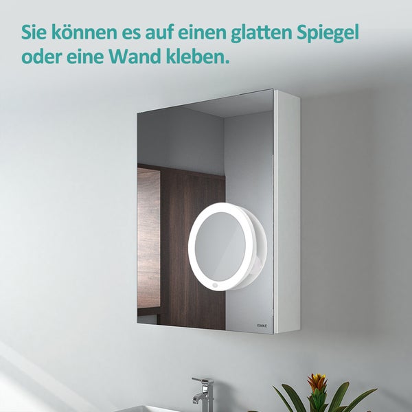 EMKE Kosmetikspiegel Ø16,5 cm, Weiß, 5-fach Vergrößerung, Beleuchtung mit Knopfschalter, Batteriebetrieben, mit magnetischer Rückseite, tragbar