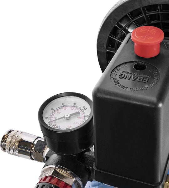 Nahaufnahme einer Druckschaltereinheit für Kompressoren mit Manometer, Ein- und Ausschalter, Schnellkupplung und FBANG Logo.
