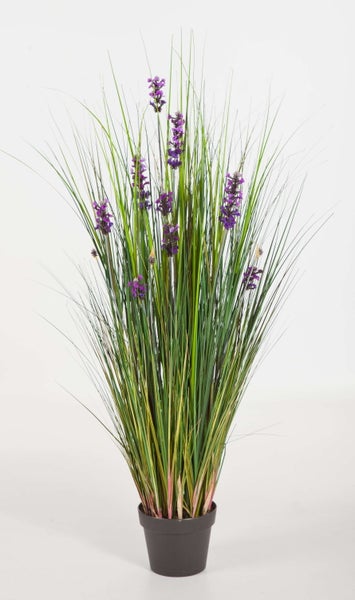 Kunstblume Ranunkel mit langem Stiel und grünen Blättern, Blüte in Flieder und Gelb.