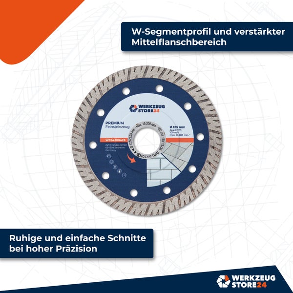 Feinsteinzeugtrennscheibe mit W-Segmentprofil und verstärktem Mittelflanschbereich
