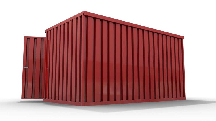 Lagercontainer Gerätehaus XXL  – 12 qm, H2150 x B6080 x T2170 mm, Außenwandlackierung RAL 3000 feuerrot, Dach außen verzinkt, mit Holzfußboden, 2750 mm Doppelflügeltür mittig in Breitseite, montiert