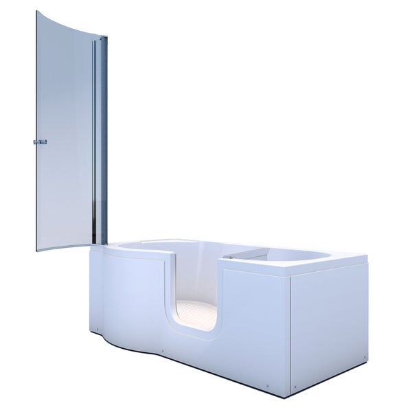 Modernes, helles Badezimmer mit weißer begehbarer Badewanne, integrierter Glastür, gebogener Duschwand aus Glas und verchromten Armaturen.