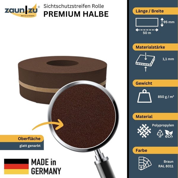 Zaun zu Sichtschutzstreifen Rolle Premium Halbe, Länge 50 Meter, Breite 95 Millimeter, Materialstärke 1,1 Millimeter, Gewicht 850 Gramm pro Quadratmeter, Material Polypropylen, Made in Germany