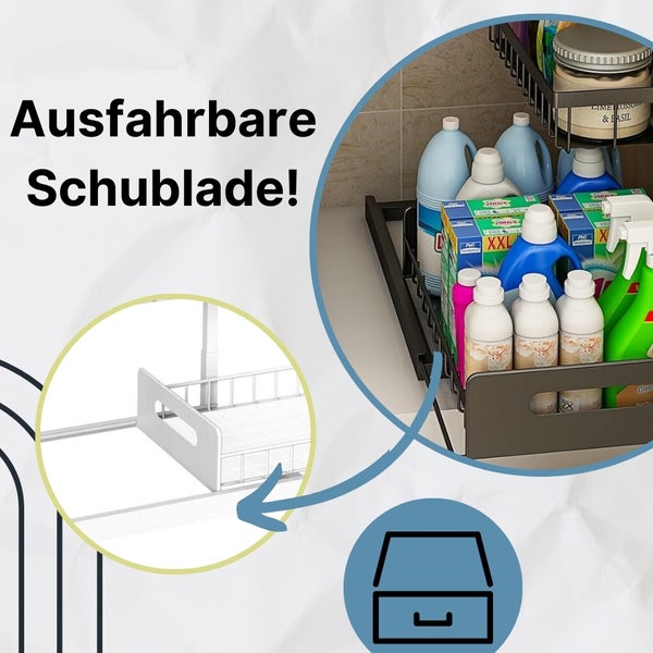 Ausziehbare Schublade mit Reinigungsmitteln gefüllt