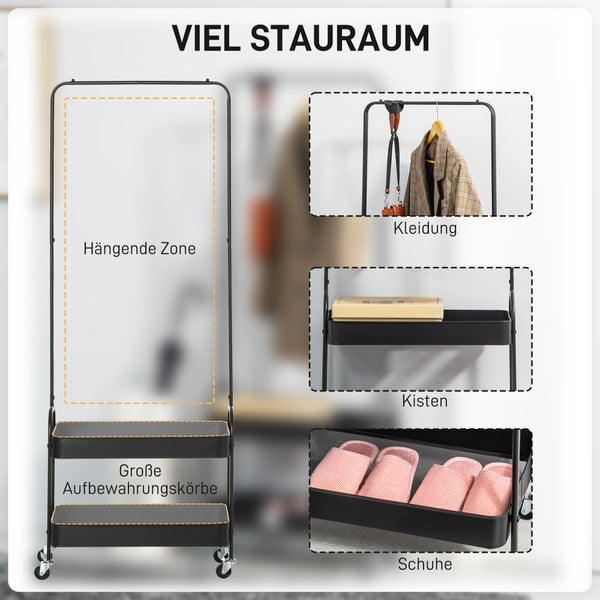 Schwarzer Garderobenständer aus Metall auf Rollen mit Kleiderstange und zwei tiefen Aufbewahrungskörben für Kleidung, Kisten und Schuhe.
