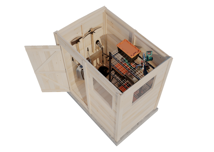 Blick in ein hölzernes Gartenhaus mit Wandhalterungen für Gartengeräte, einem Metallregal mit Boxen und einer Kappsäge.