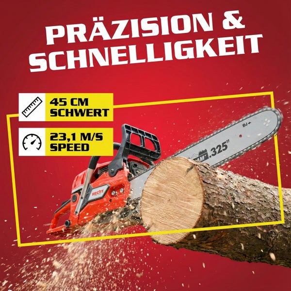 Kettensäge beim Sägen eines Baumstamms, mit Angaben zu Schwertlänge und Geschwindigkeit