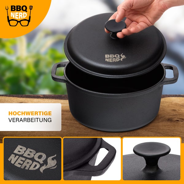 BBQ-Nerd Bräter mit Deckel (rund, Ø 24 cm) aus Gusseisen 4 L | Bratentopf Kochtopf Gusseisentopf Schmortopf | Cocotte zum langsamen Garen - Herd, Ofen & Grill