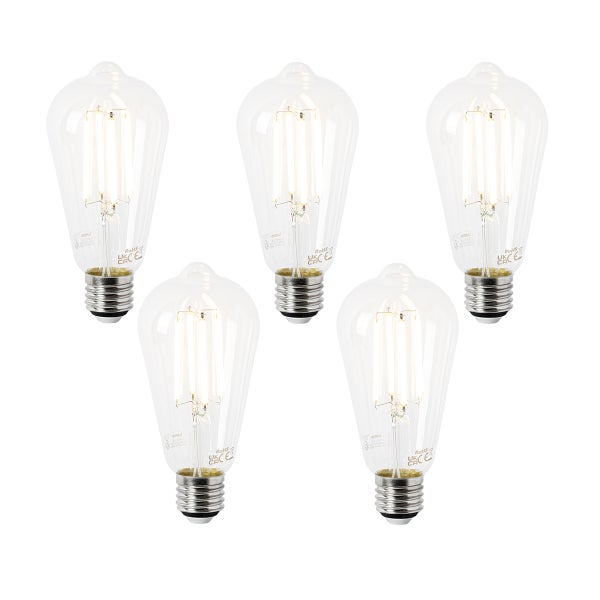 Fünferpack LED-Leuchtmittel ST64 Rustika, E27 Sockel, klares Glas, Filament-Optik.
