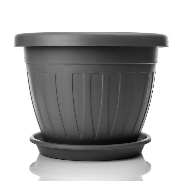 BigDean 6x Blumentopf mit Untersetzer rund ø50xH38 cm anthrazit - wetterfester Pflanzkübel - Wasserablauf UV-beständig aus bruchsicherem Kunststoff - Innen + Außen geeignet - Made in Europe