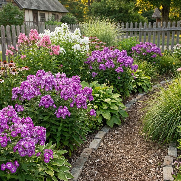 Üppiger Staudengarten mit violettem, rosa und weißem Phlox, Hostas und Gräsern. Ein Pfad aus Rindenmulch mit Steinkante führt an einem Holzzaun entlang.