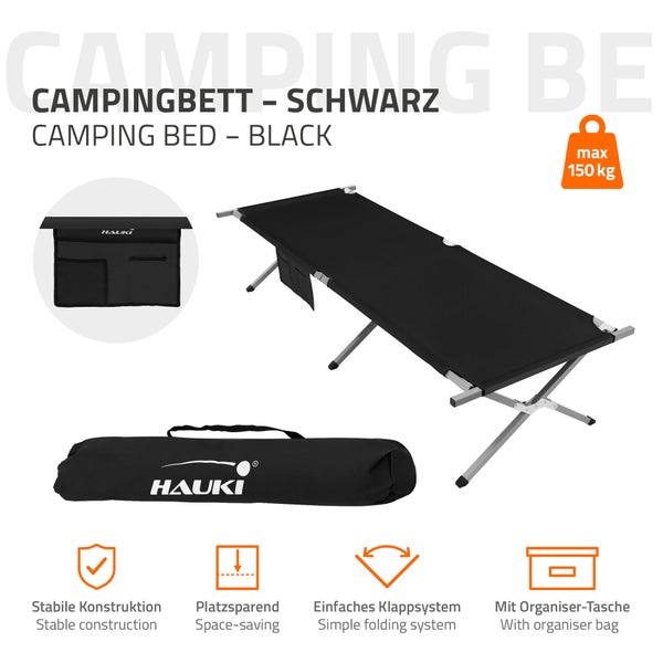 Hauki Campingbett klappbar, Schwarz, 210x83x46 cm, XL Feldbett mit Tragetasche, Seitentasche, Metallrohr, Belastbarkeit bis 150kg, Gästebett tragbar, Outdoor, Campingliege stabil, Klappbett für Reisen