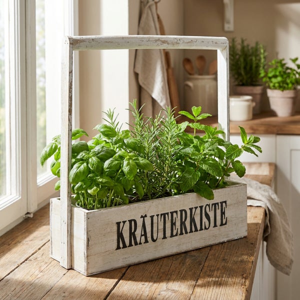 Kräuterkiste aus Holz mit Tragegriff gefüllt mit verschiedenen frischen Kräutern auf einer hölzernen Arbeitsplatte in der Küche.