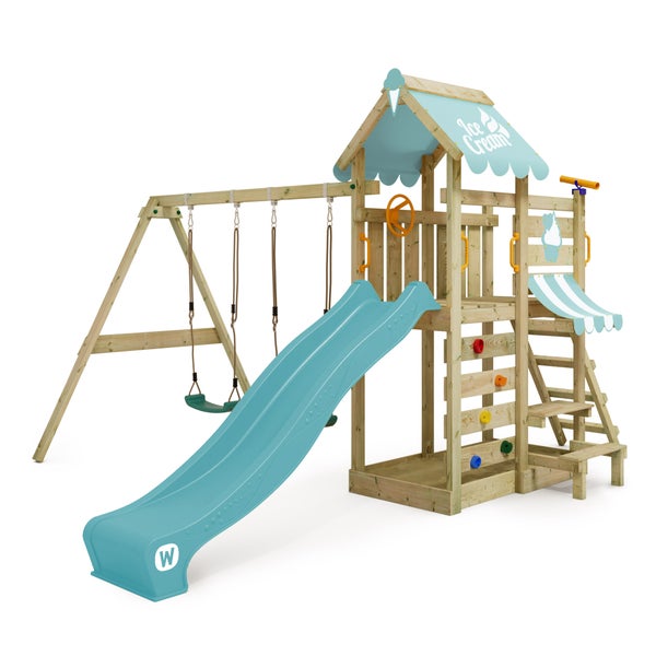 WICKEY Spielturm Klettergerüst VanillaFlyer mit Schaukel und Rutsche, Kletterturm mit Sandkasten, Leiter und Spiel-Zubehör – pastellblau