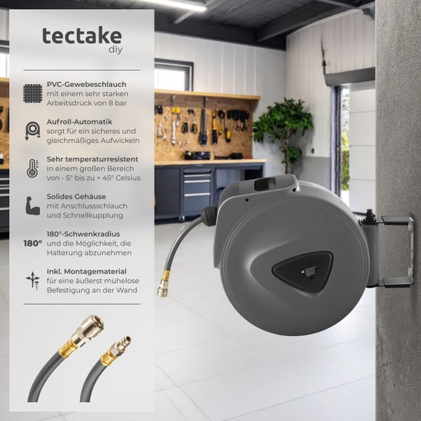 Druckluftschlauch mit Trommel tectake  inklusive Montagematerial mit ¼ Zoll Schnellkupplung grau