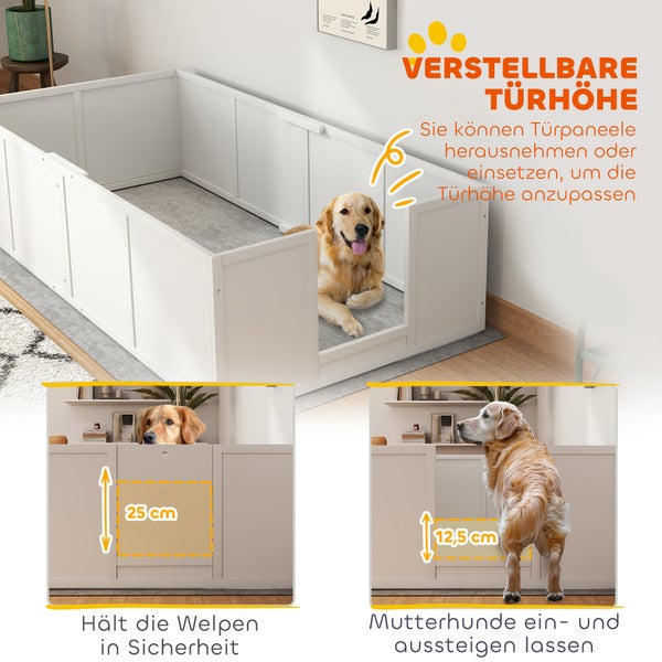 PawHut Wurfkiste für Welpen, Rutschfest Welpen-Wurfbox, Welpenlaufstall mit verstellbar Tür, Hundelaufstall, Welpenauslauf für kleine bis große Hunde, 196x96x48 cm, Weiß