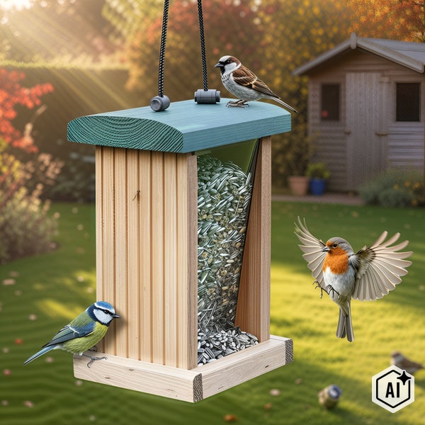 Vogelhaus mit integriertem Futtersilo aus Holz zur hängenden Montage im Garten, umgeben von verschiedenen Vögeln.