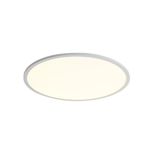 Flaches, rundes LED-Panel als Deckenleuchte mit schmalem weißem Rahmen.