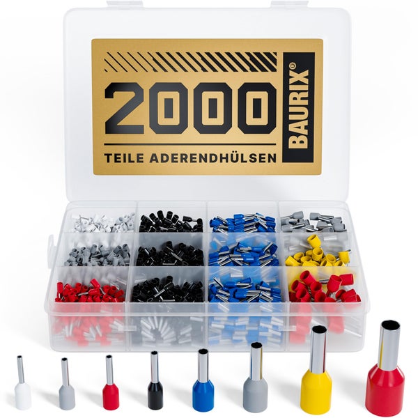 BAURIX ® 2000 Stück Aderendhülsen Sortiment I Isolierte Hülsen nach DIN 46228-4: 2020-03 I 0,5 mm² - 10 mm² I Profi Isolierhülsen Set