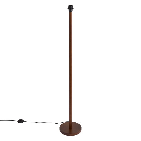 Minimalistischer Stehlampenfuß aus Holz mit rundem Standfuß und Kabel inklusive Trittschalter, ohne Lampenschirm.