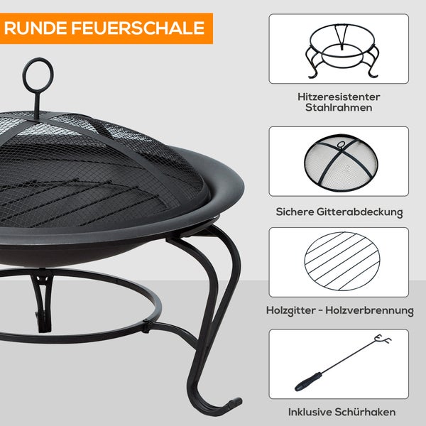 Outsunny Feuerschale, für Holz und Holzkohle, mit Funkenschutz, 56 x 45 cm (LxH), Metall, Schwarz