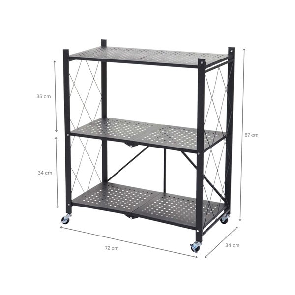 Detailansicht eines schwarzen, klappbaren Allzweckregals mit Rollen und Sicherheitsverschluss
